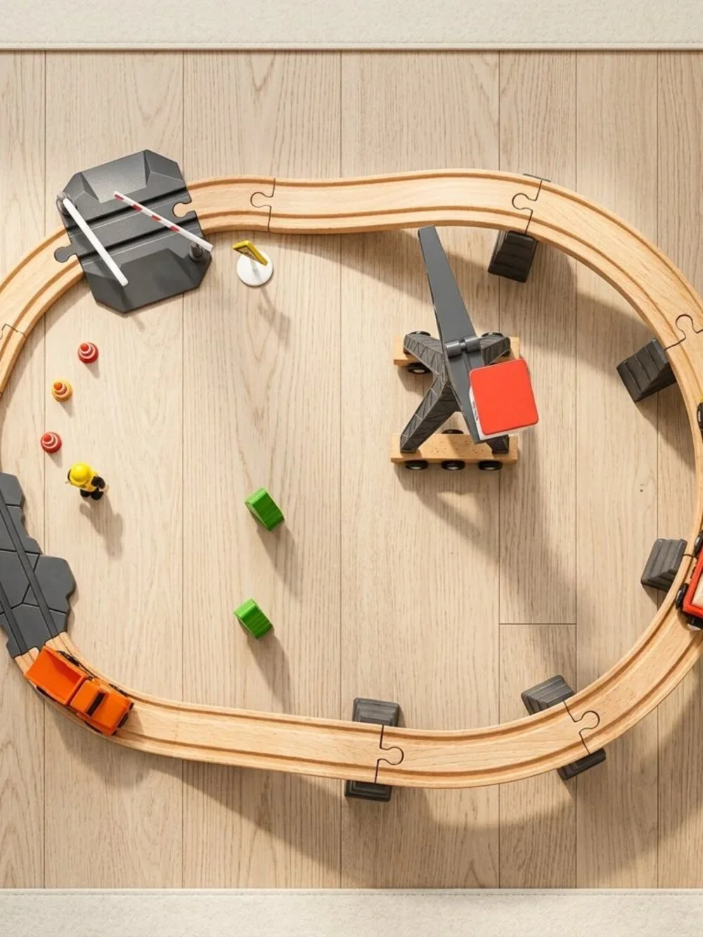 Wooden Construction Train Set Crane Trucks Railway Track Kids Toy Playset